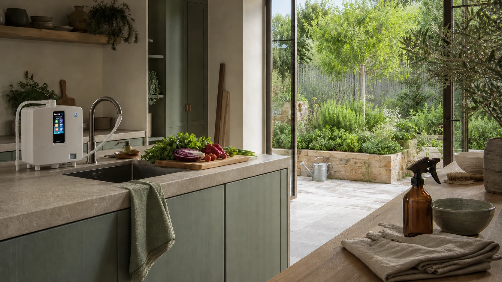 Máquina LeveLuk K8 visible en una cocina mediterránea abierta a un jardín de aromáticas