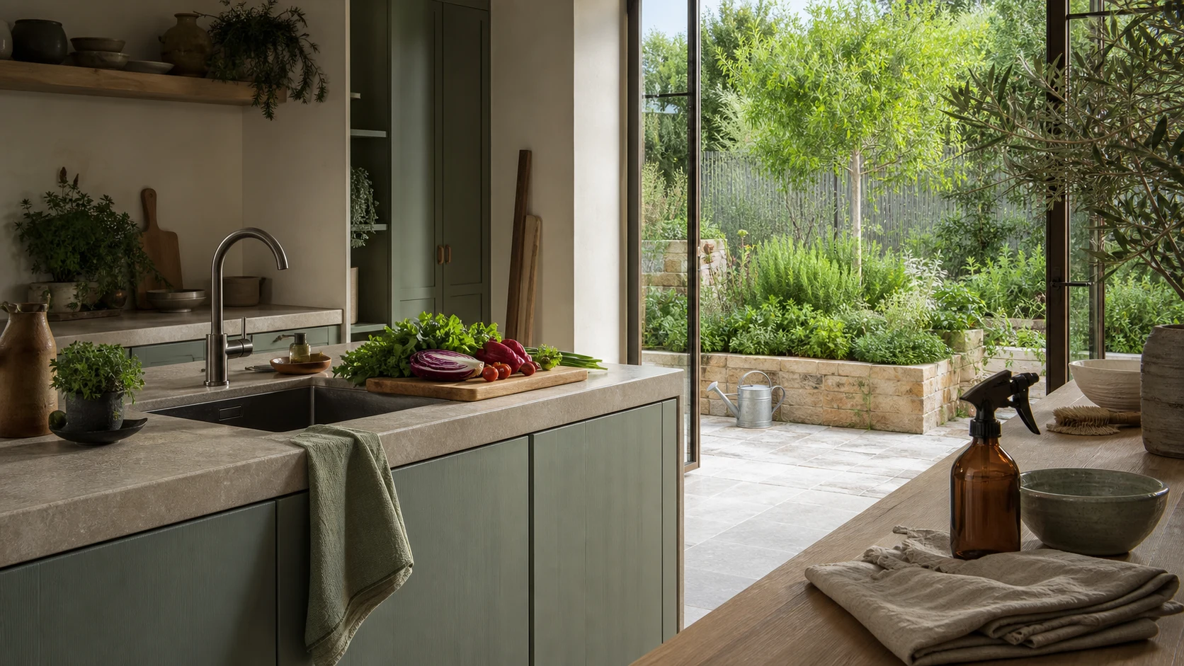 Cocina mediterránea con verduras frescas, una zona de cuidado del hogar y un jardín de aromáticas