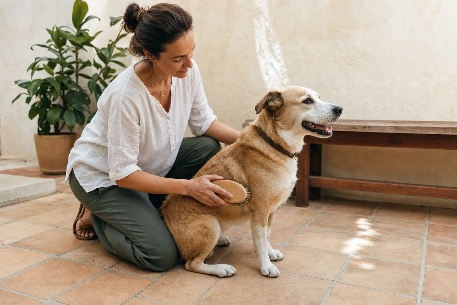 Persona cepillando en seco a un perro en un patio doméstico